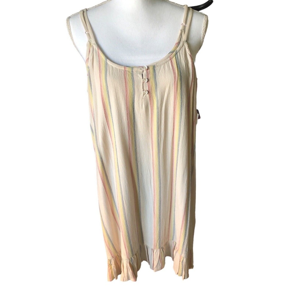VOLCOM Island Crush Beach Dress SMALL Women's Ruffle Hem Beige Striped NWT‎ $60